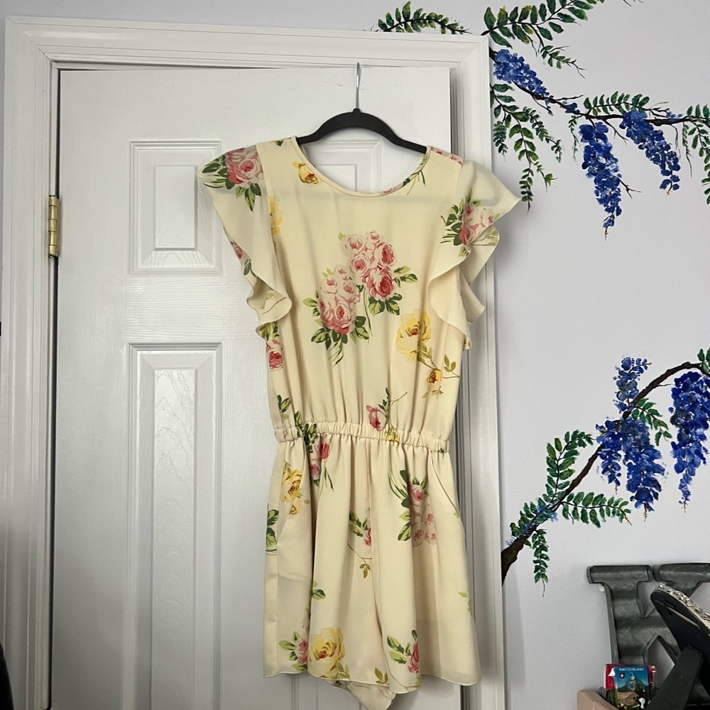 Aritzia Cream Floral Dress with Ruffled Sleeves